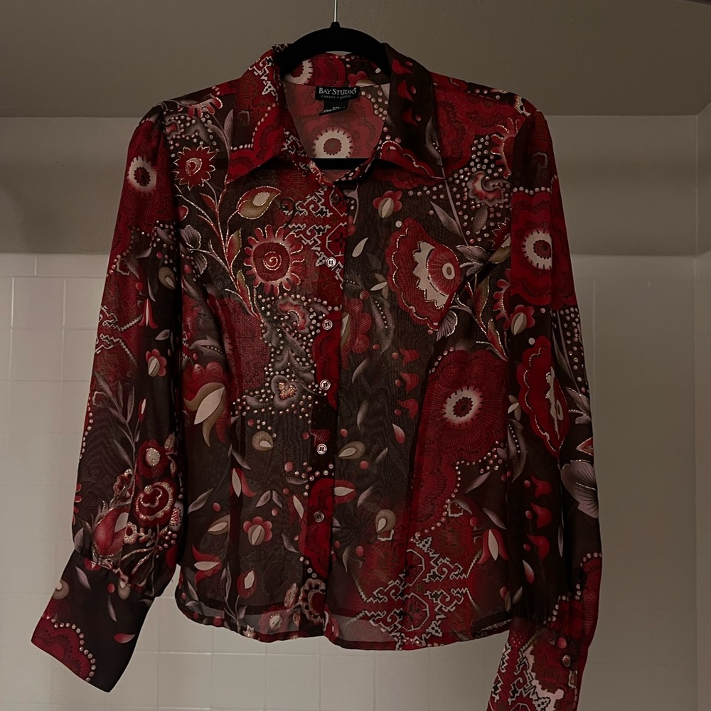 Bay Studio Red Button Down Blouse with Notched Collar